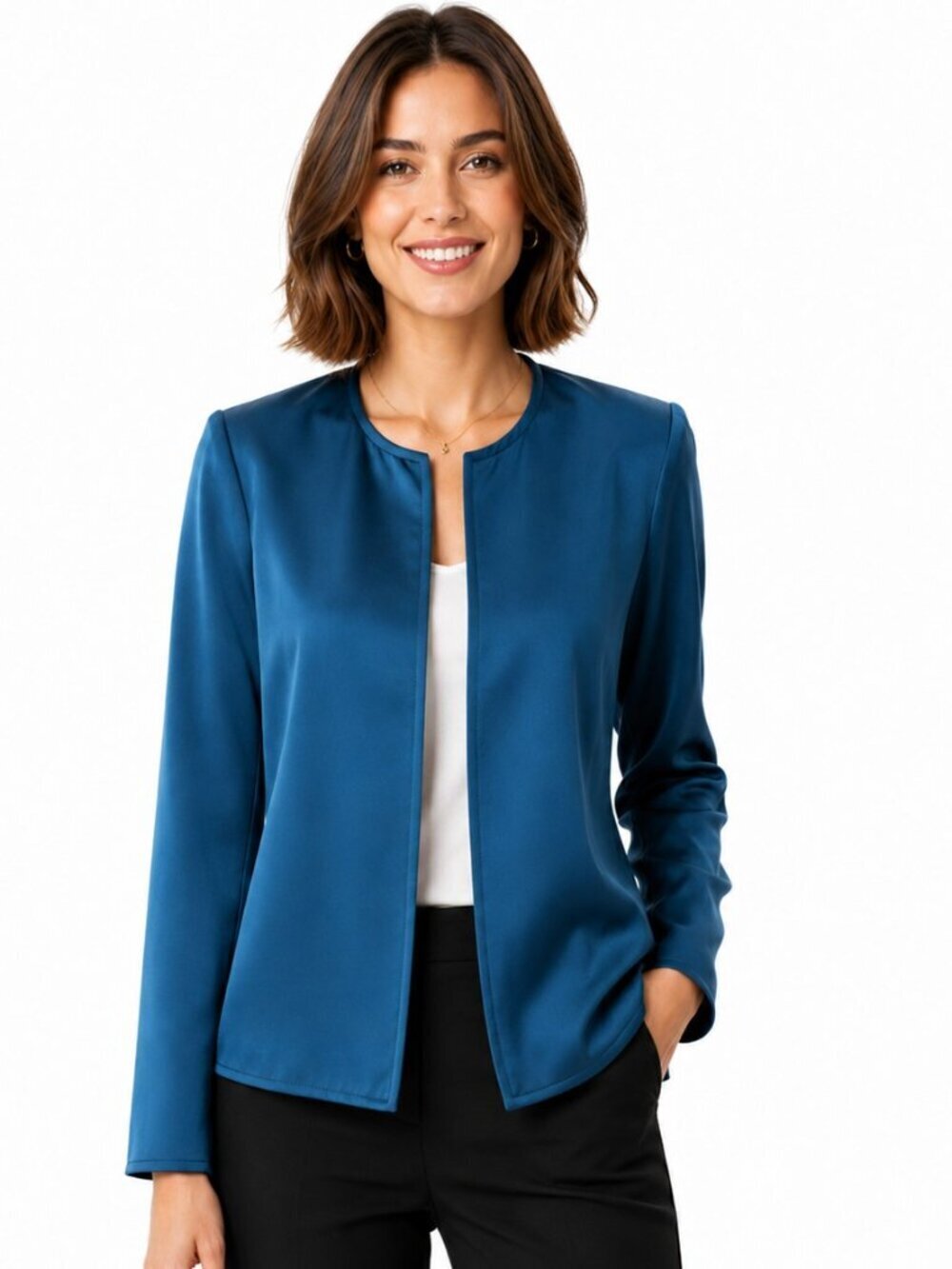 Due Per Due Teal Blue Pure Silk Open Blazer